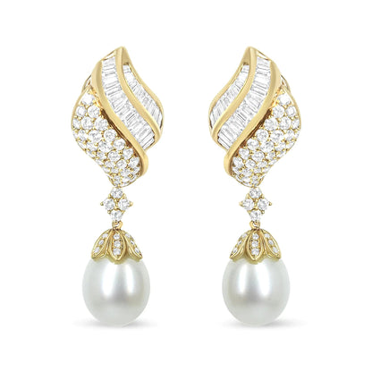 18k Yellow Gold 7.0 Cttw Baguette and Round Diamond South Sea Pearl Drop Dangle Clip-On Earrings (F-G Color, VS1-VS2 Clarity) WEM Support (www.WEM.support)