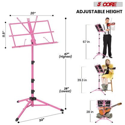 Suporte de Música 5Core para Partituras, Portátil, Tripé Ajustável, Dobrável, Porta-Notas, Rosa Intenso WEM Support (www.WEM.support)
