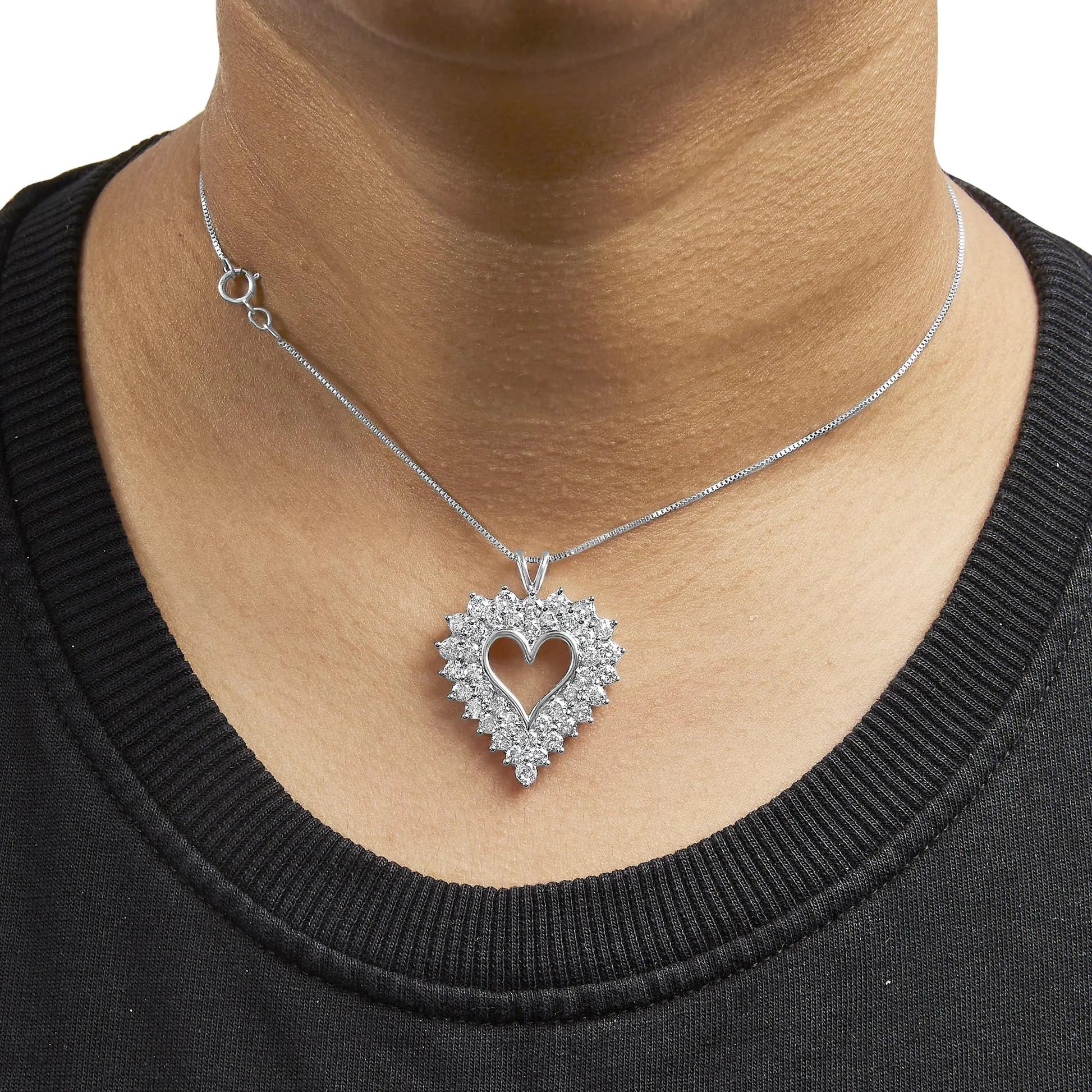 925 Sterling Silver 4.0 Cttw Diamond Two Row Open Heart 18" Pendant Necklace (I-J Color, I2-I3 Clarity) WEM Support (www.WEM.support)