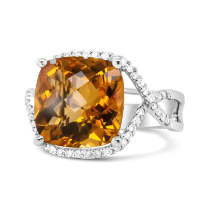 14K White Gold 12mm Cushion Cut Yellow Citrine Gemstone and 1/3 Cttw Round Pave-Set Diamond Ring - (H-I Color, VS1-VS2 Clarity) WEM Support (www.WEM.support)