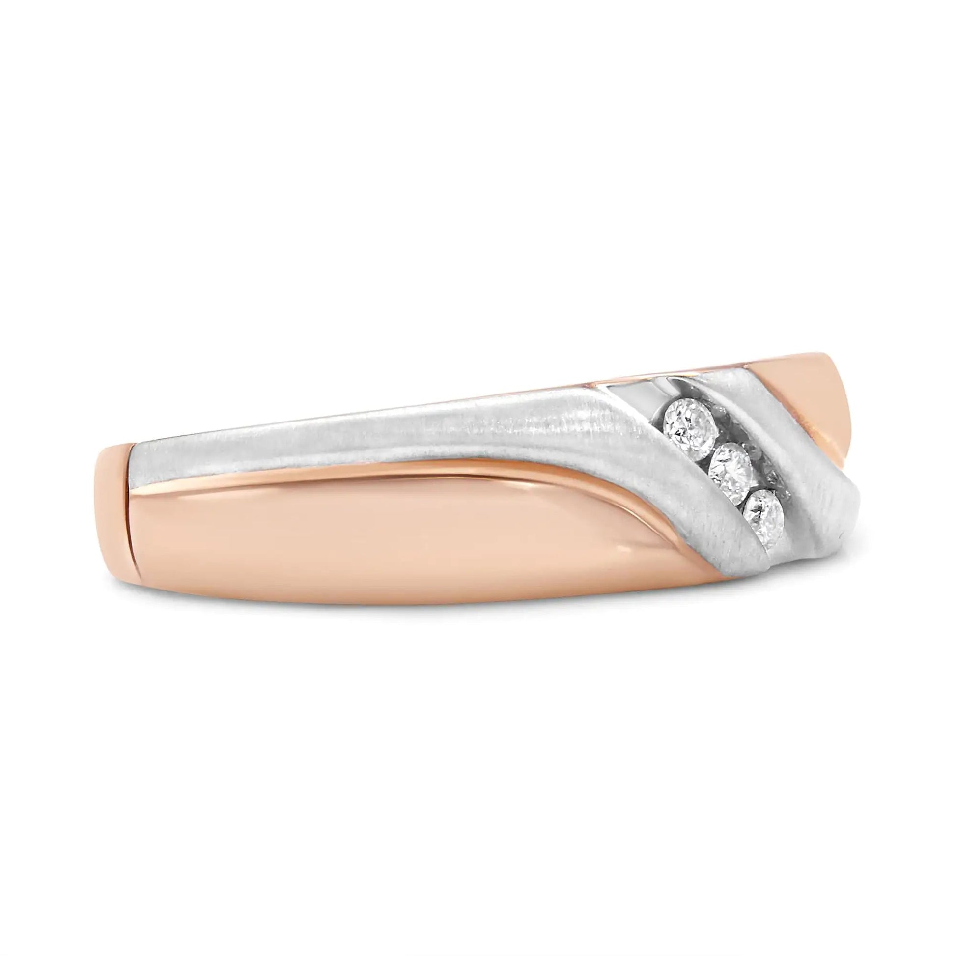10K White and Rose Gold 1/10 Cttw 3-Stone Tension Slant Band Matte Finish Ring for Men (I-J Color, I2-I3 Clarity) WEM Support (www.WEM.support)