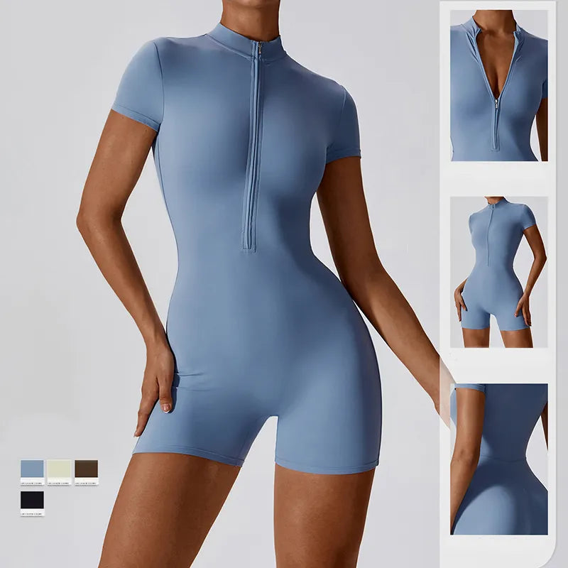 Zipper Short Sleeve Yoga Jumpsuit Women WEM Support (www.WEM.support)