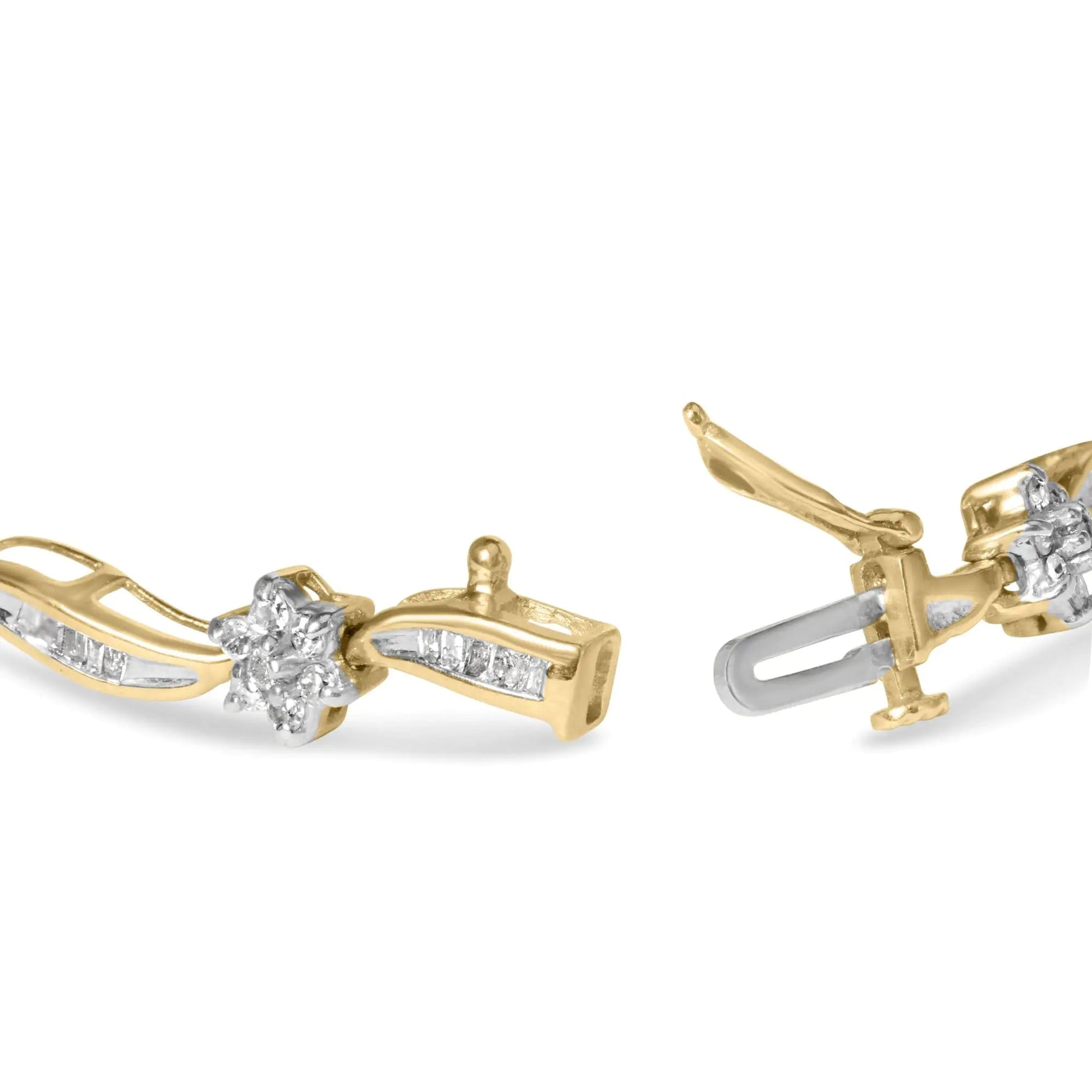 10K Yellow Gold 2.00 Cttw Round-Cut and Baguette-Cut Floral Design Swirl Link 7.5" Bracelet (H-I Color, I2-I3 Clarity) WEM Support (www.WEM.support)