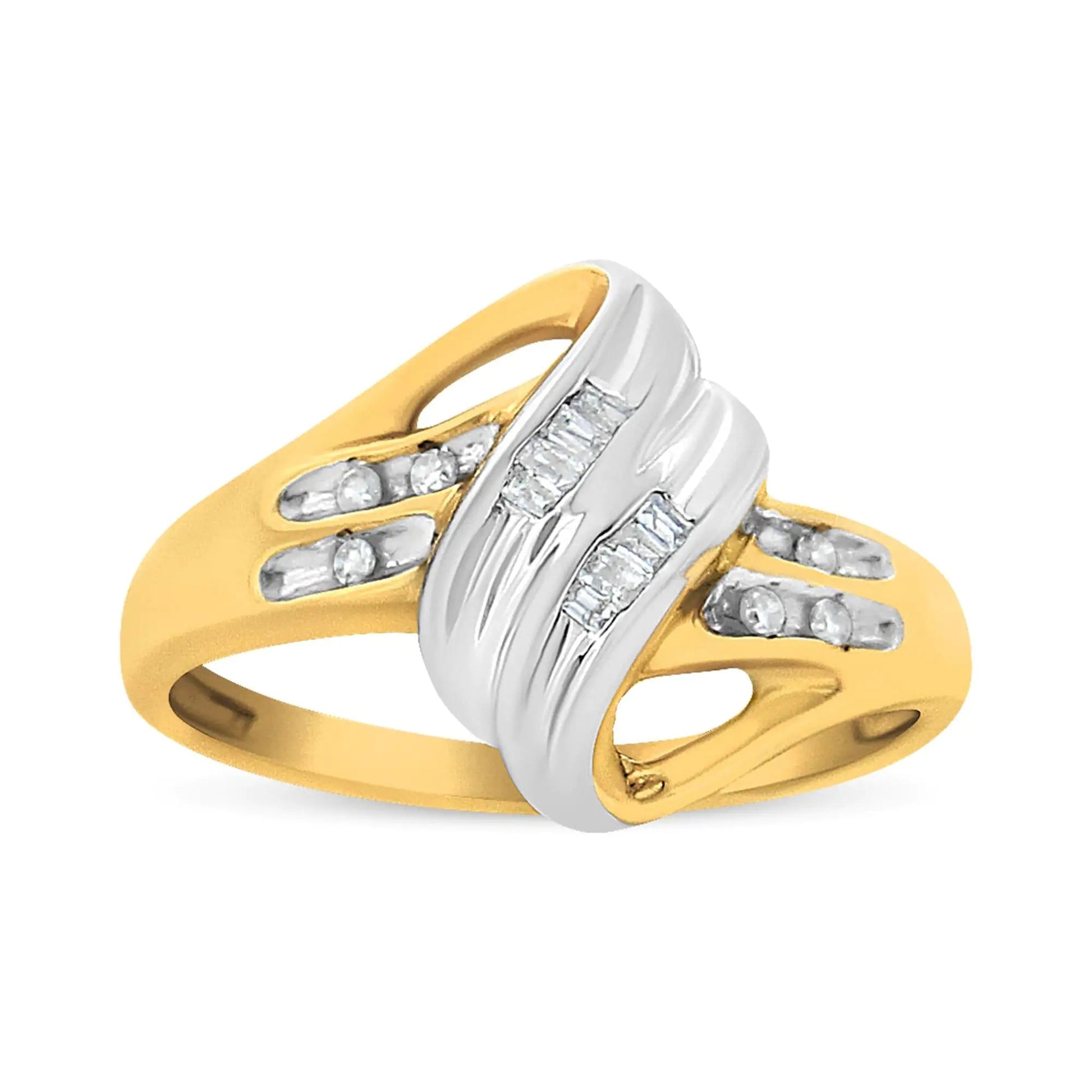 10K Yellow and White Gold 1/10 Cttw Baguette and Round-Cut Diamond Bypass Ring (I2 Color, H-I Clarity) WEM Support (www.WEM.support)