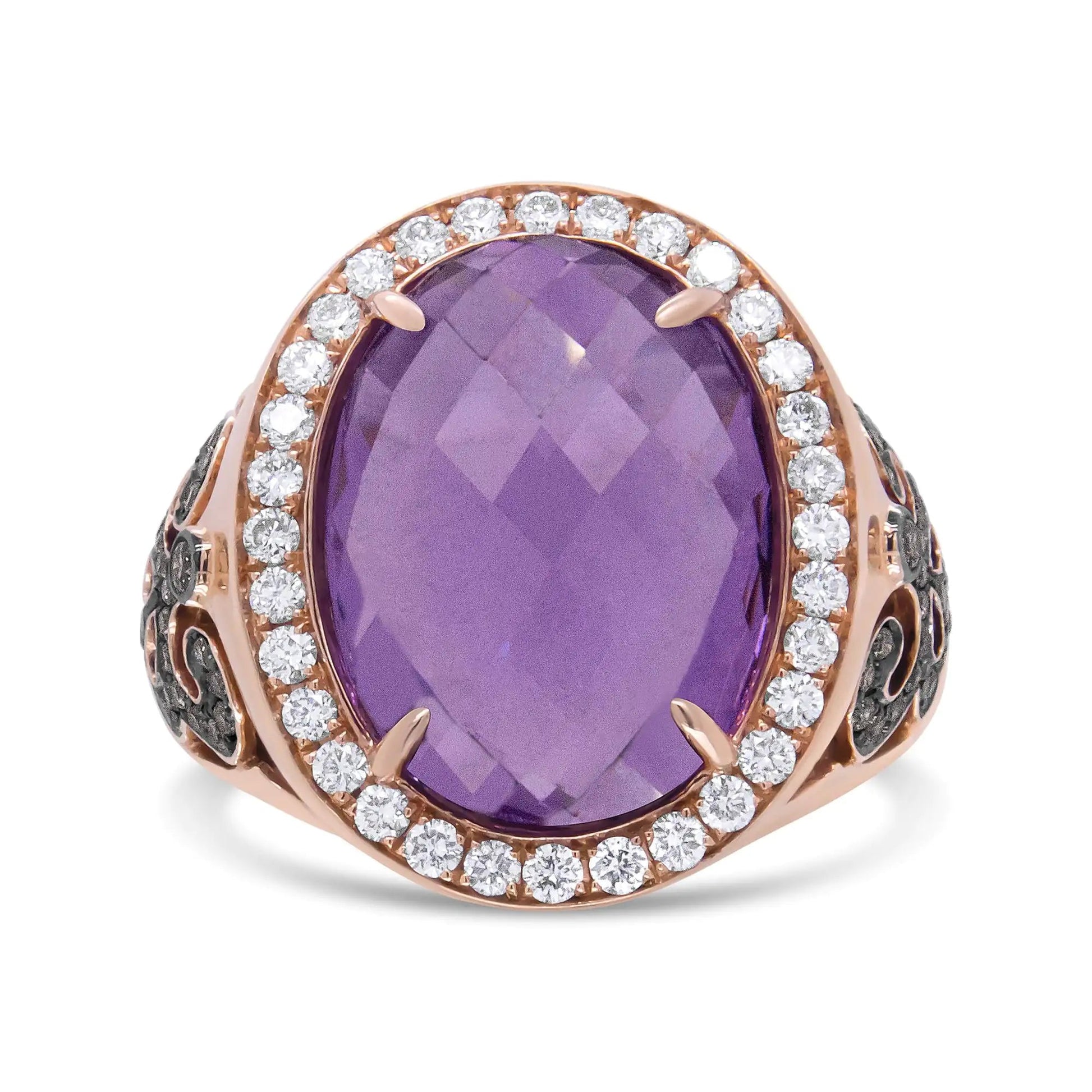 18K Rose Gold 18x13 MM Oval Cut Purplse Amethyst and 1.00 Cttw Diamond Cocktail Ring (Champagne and F-G Color, VS1-VS2 Clarity) WEM Support (www.WEM.support)