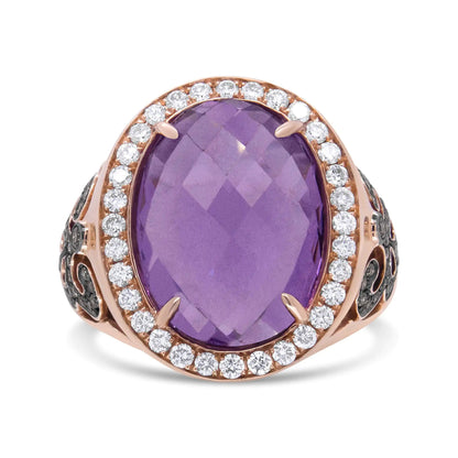 18K Rose Gold 18x13 MM Oval Cut Purplse Amethyst and 1.00 Cttw Diamond Cocktail Ring (Champagne and F-G Color, VS1-VS2 Clarity) WEM Support (www.WEM.support)