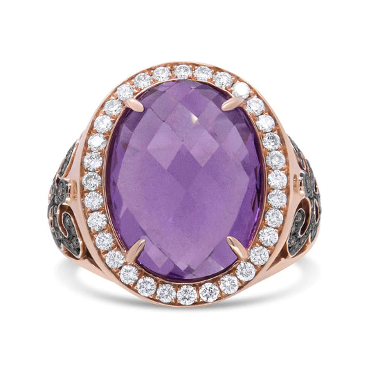 18K Rose Gold 18x13 MM Oval Cut Purplse Amethyst and 1.00 Cttw Diamond Cocktail Ring (Champagne and F-G Color, VS1-VS2 Clarity) WEM Support (www.WEM.support)