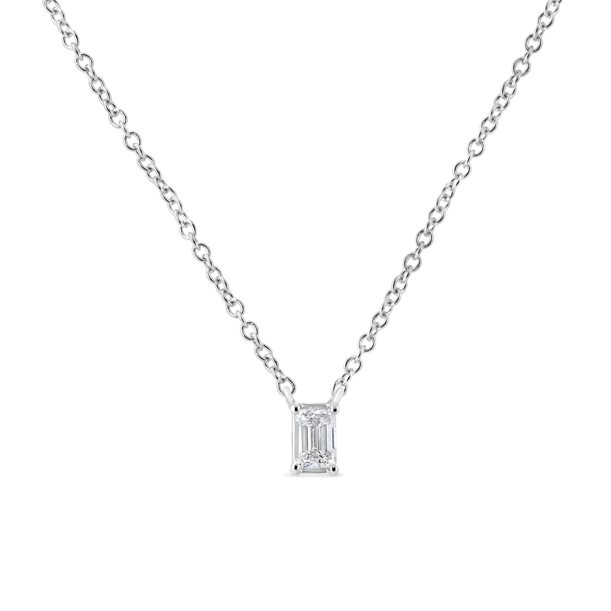 14K White Gold 1/3 Cttw Emerald Shape Solitaire Diamond 18" Pendant Necklace (G-H Color, VS2-SI1 Clarity) WEM Support (www.WEM.support)