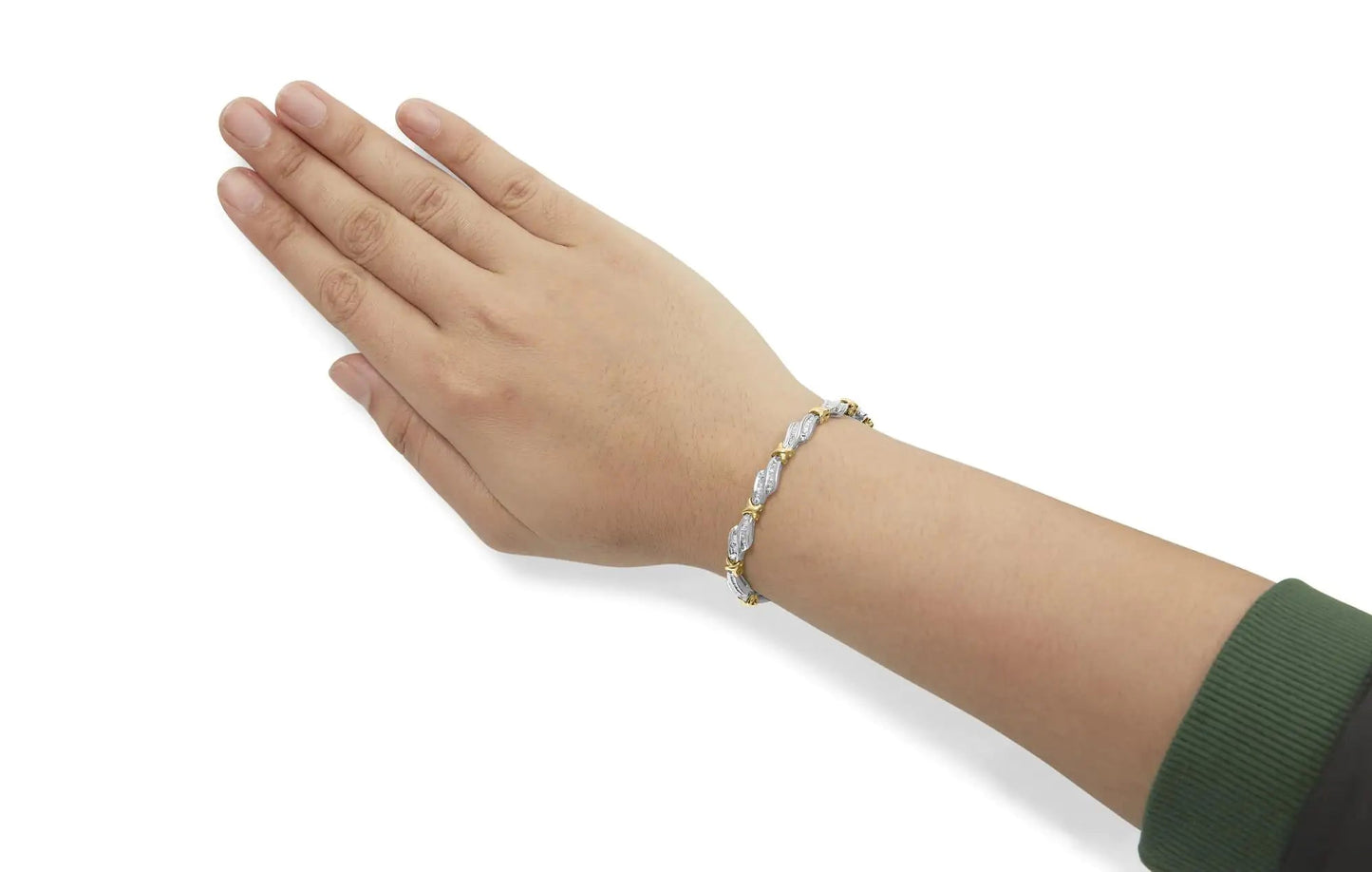 10k Two-Toned Gold 2.00 Cttw Channel Set Baguette-Diamond Weave and  "X" Spiral Link Bracelet (H-I Color, I1-I2 Clarity) - 7" WEM Support (www.WEM.support)