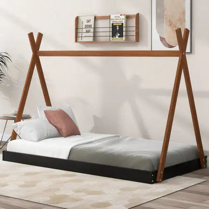Twin Size Tent Floor Bed With Triangle Structure, Black Brown WEM Support (www.WEM.support)