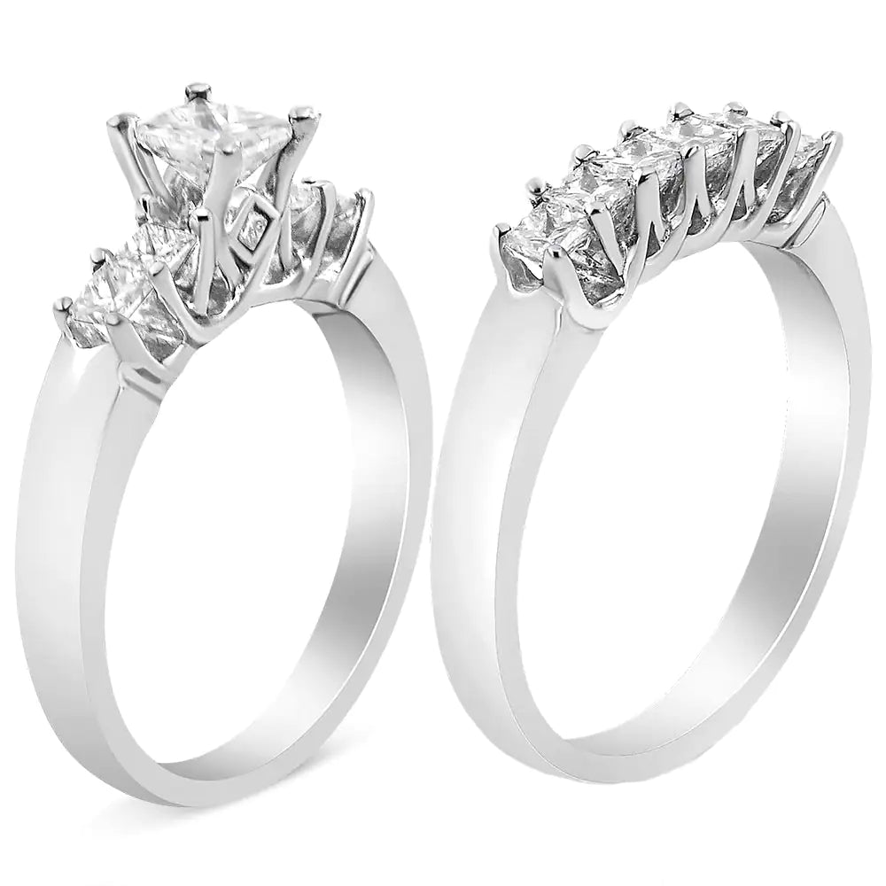 14K White Gold 1 1/2 Cttw 5 Stone Princess Diamond Engagement Wedding Ring Set (H-I Color, SI2-I1 Clarity) WEM Support (www.WEM.support)