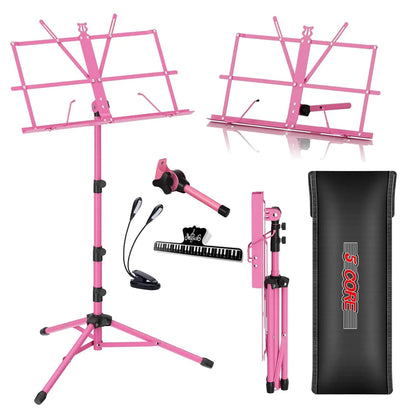 Suporte de Música 5Core para Partituras, Portátil, Tripé Ajustável, Dobrável, com Porta-Partituras e Luz, Rosa WEM Support (www.WEM.support)