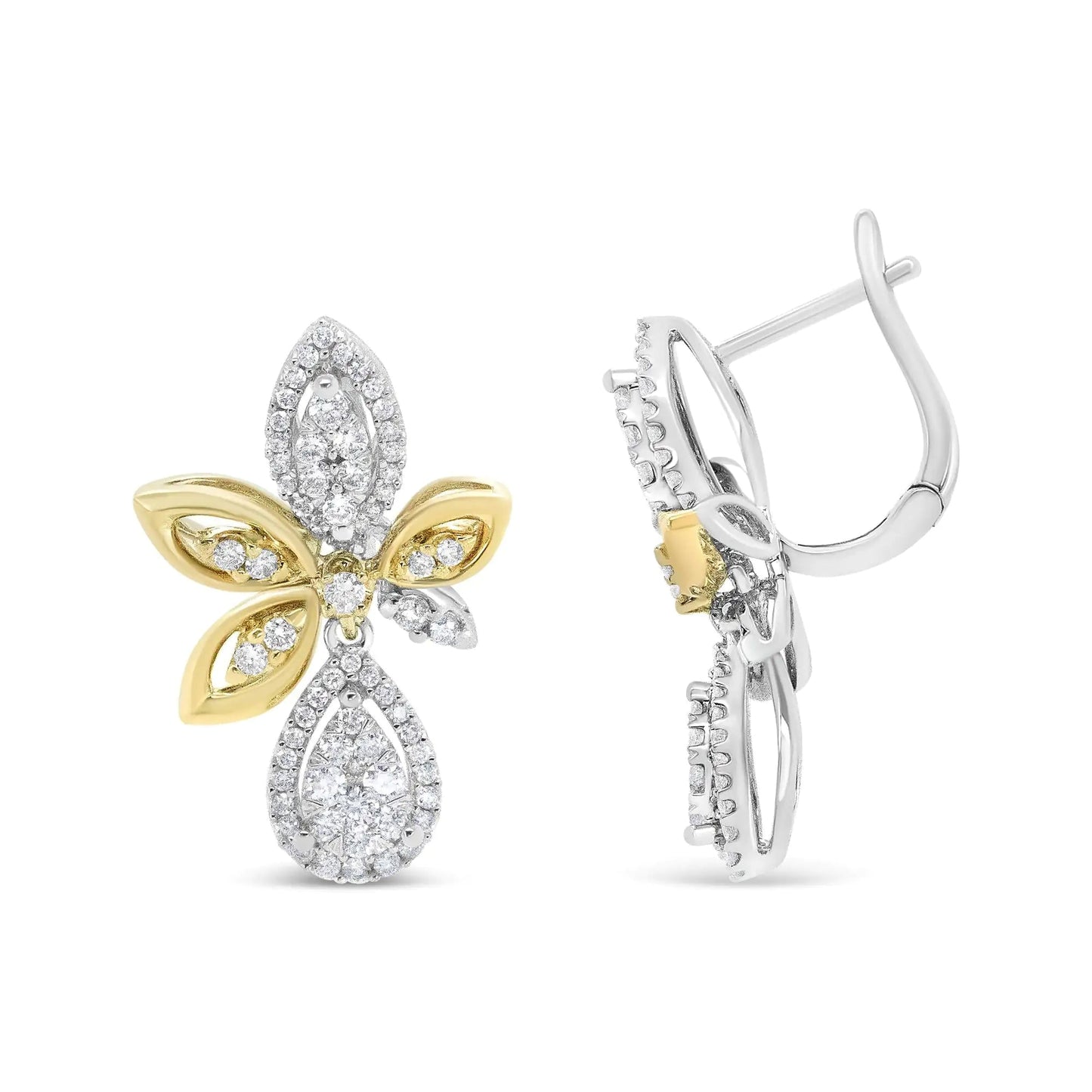 14K White and Yellow Gold 1.00 Cttw Round Pave-Set Diamond Teardrop and Marquise Shape Drop Dangle Earrings (H-I Color, SI1-SI2 Clarity) WEM Support (www.WEM.support)
