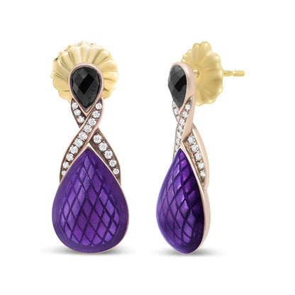 18K Rose Gold Flash Plated .925 Sterling Silver Purple Enamel 1/5 Cttw Round Pave-Set Diamond and 5.5 x 4mm Pear-Shaped Black Onyx Drop Earrings (F-G Color, VS1-VS2 Clarity) WEM Support (www.WEM.support)