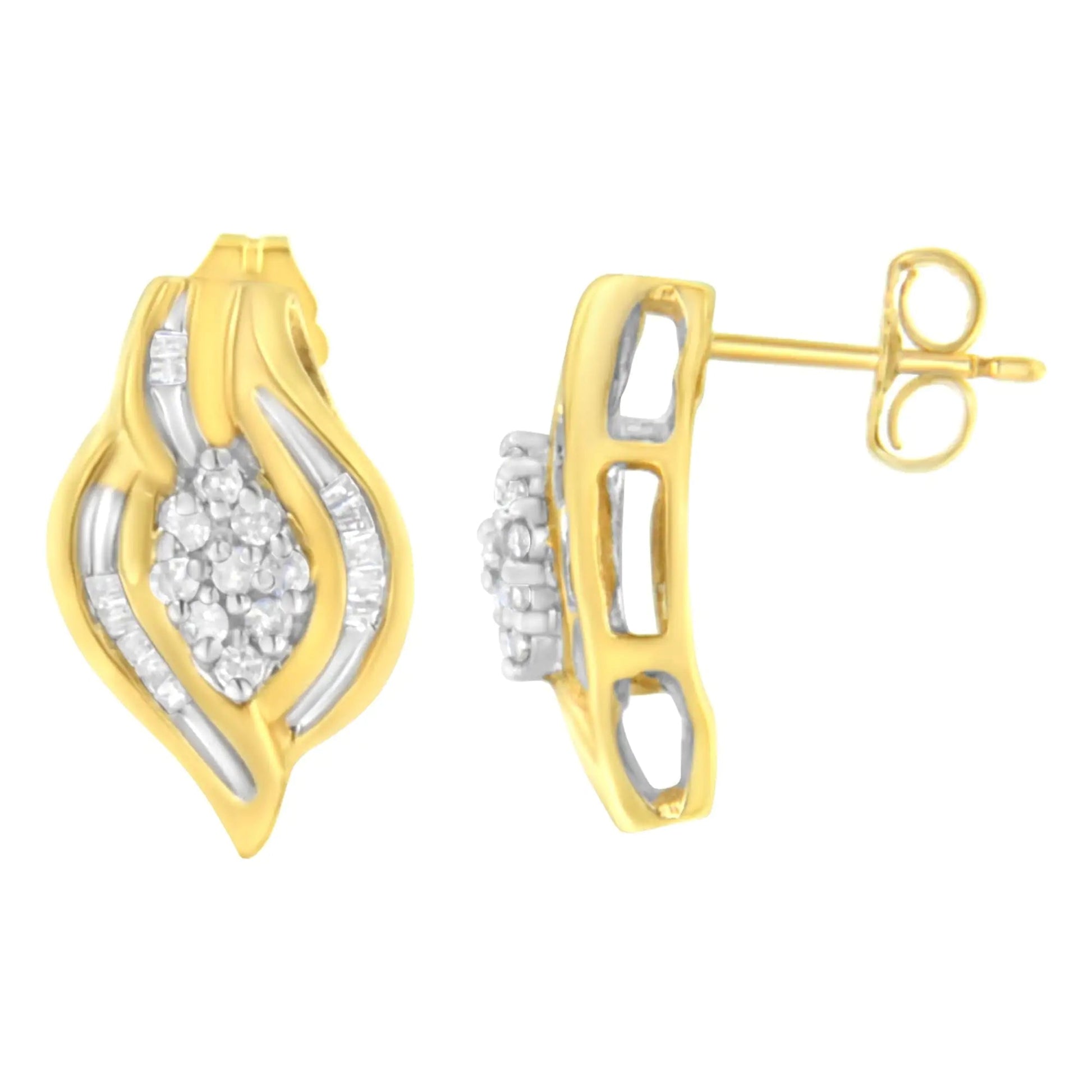 10K Yellow Gold 1/3 cttw Round-Cut Diamond Cluster and Swirl Stud Earrings (J-K Clarity, I2-I3 Color) WEM Support (www.WEM.support)