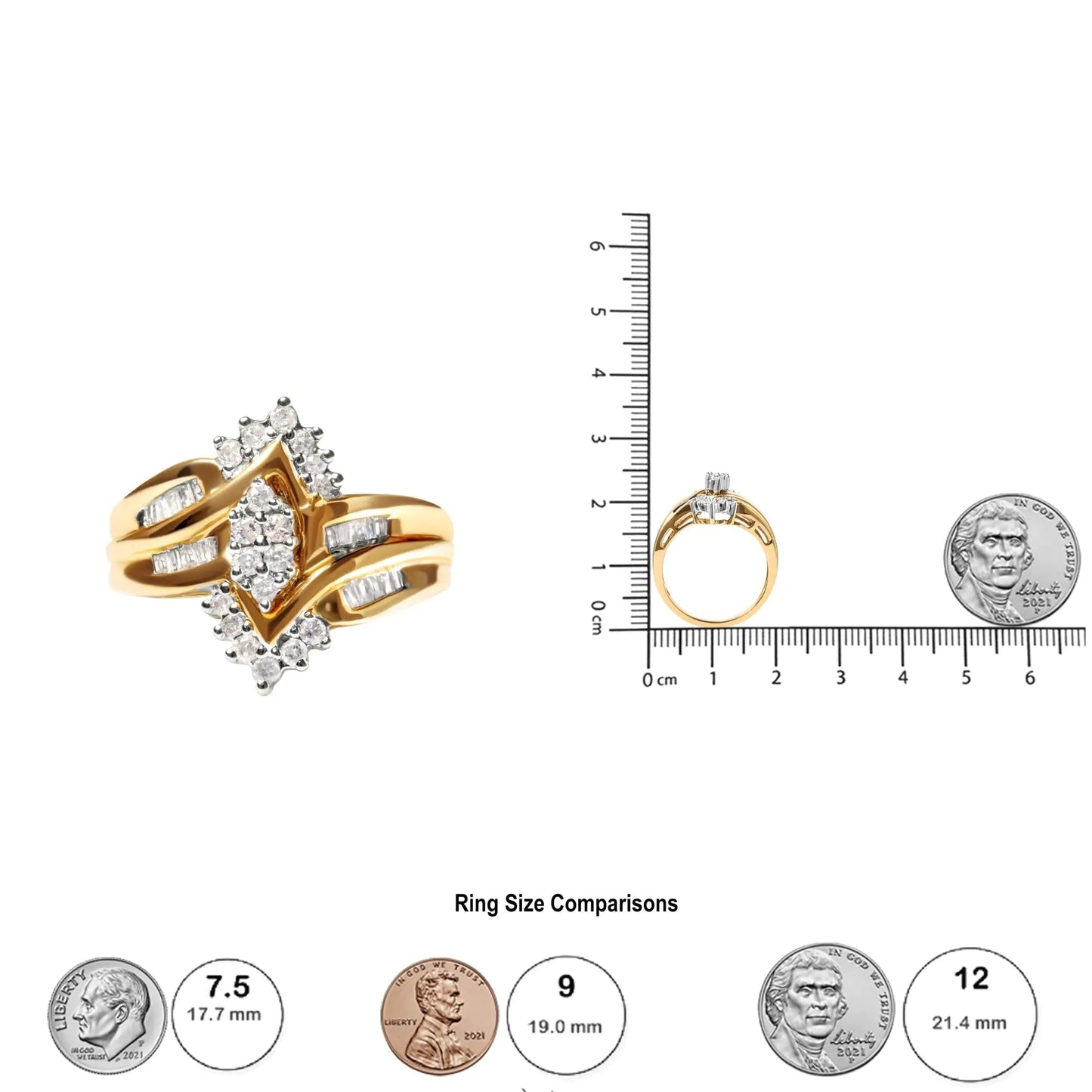 10K Two-Toned 1/2 Cttw Round And Baguette-Cut Composite Pear Head Diamond Ring (H-I Color, I2-I3 Clarity) WEM Support (www.WEM.support)