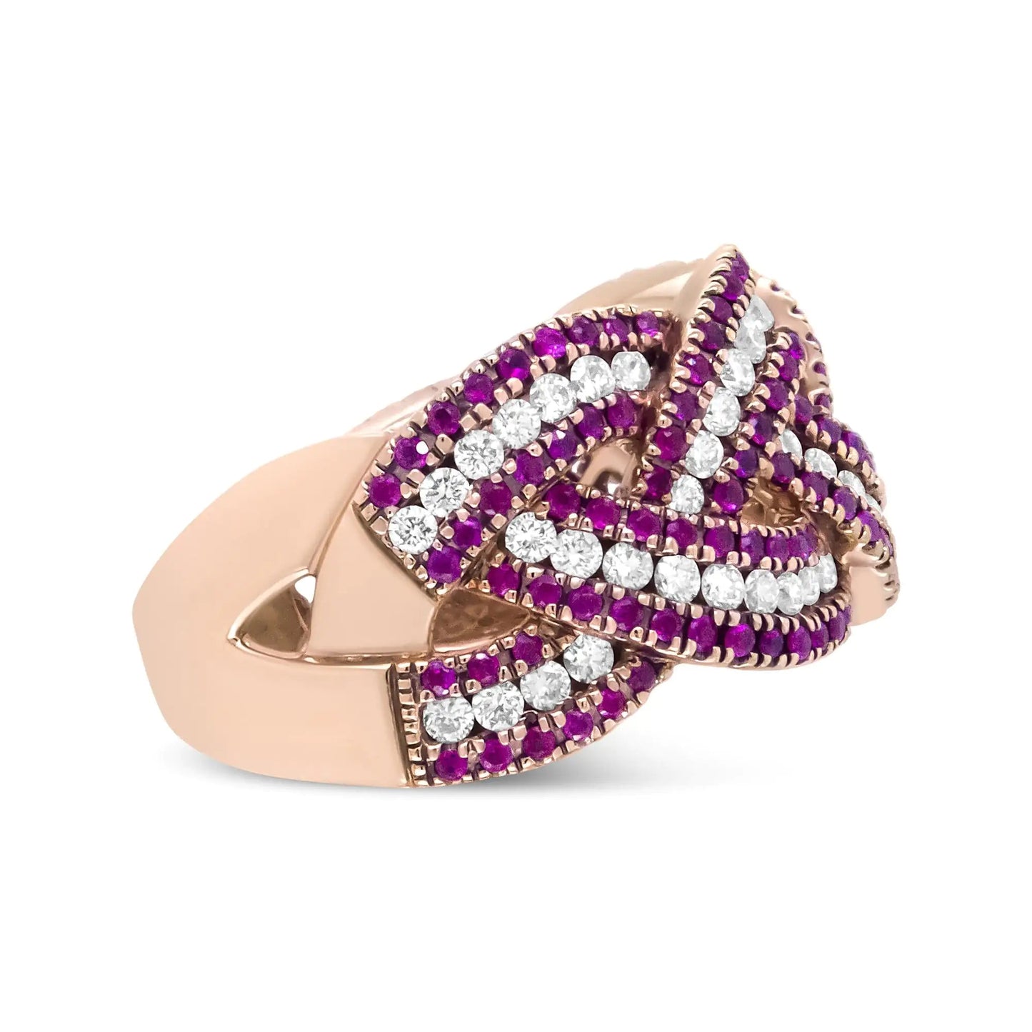 18K Rose Gold Red Ruby and 7/8 Cttw Diamond Woven Braided Band Ring (F-G Color, VS1-VS2 Clarity) WEM Support (www.WEM.support)