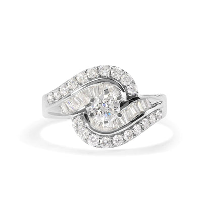 14K White Gold 1.00 Cttw Round and Baguette cut Diamond Swirl Cocktail Ring (H-I Color, SI2-I1 Clarity) WEM Support (www.WEM.support)