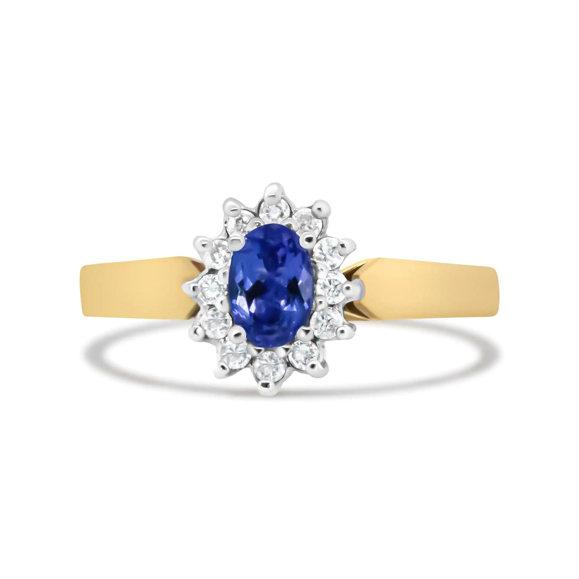 14K Yellow Gold 1/5 Cttw Round Diamond and 6x4mm Oval Blue Tanzanite Halo Ring (H-I Color, I1-I2 Clarity) WEM Support (www.WEM.support)