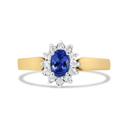 14K Yellow Gold 1/5 Cttw Round Diamond and 6x4mm Oval Blue Tanzanite Halo Ring (H-I Color, I1-I2 Clarity) WEM Support (www.WEM.support)