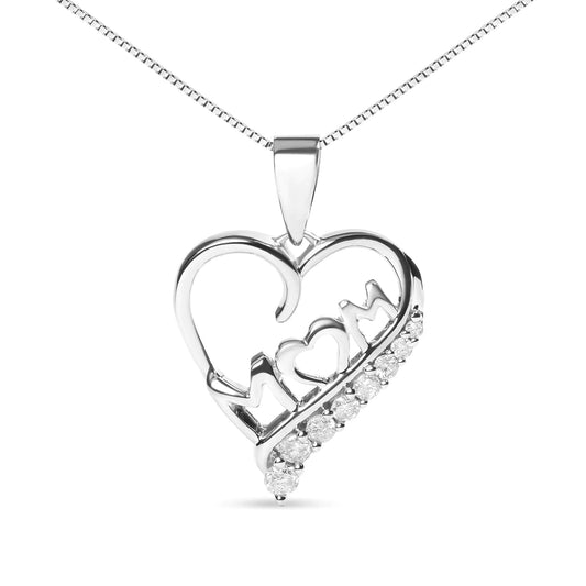 .925 Sterling Silver 1/4 Cttw Diamond  "Mom" and Open Heart 18" Pendant Necklace (I-J Color, I2-I3 Clarity) WEM Support (www.WEM.support)