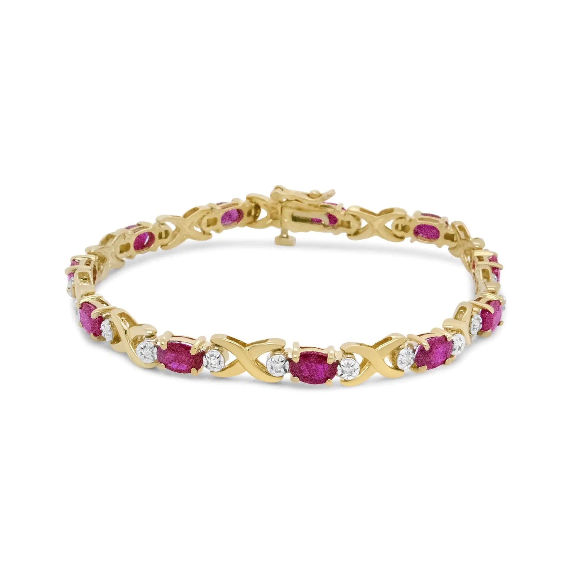 14K Yellow Gold 1/4 Cttw Diamond and Oval Red Ruby Alternating X Link Bracelet (I-J Color, I3 Clarity) WEM Support (www.WEM.support)