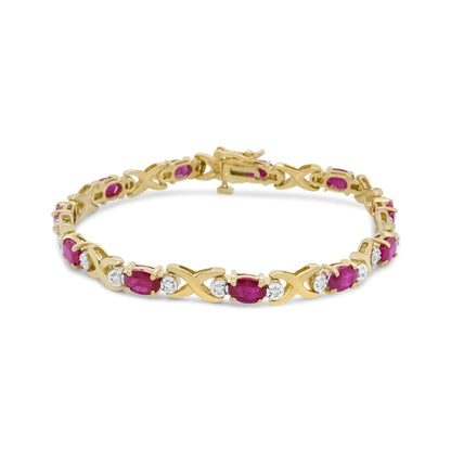 14K Yellow Gold 1/4 Cttw Diamond and Oval Red Ruby Alternating X Link Bracelet (I-J Color, I3 Clarity) WEM Support (www.WEM.support)