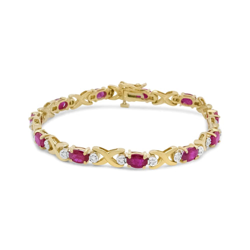 14K Yellow Gold 1/4 Cttw Diamond and Oval Red Ruby Alternating X Link Bracelet (I-J Color, I3 Clarity) WEM Support (www.WEM.support)