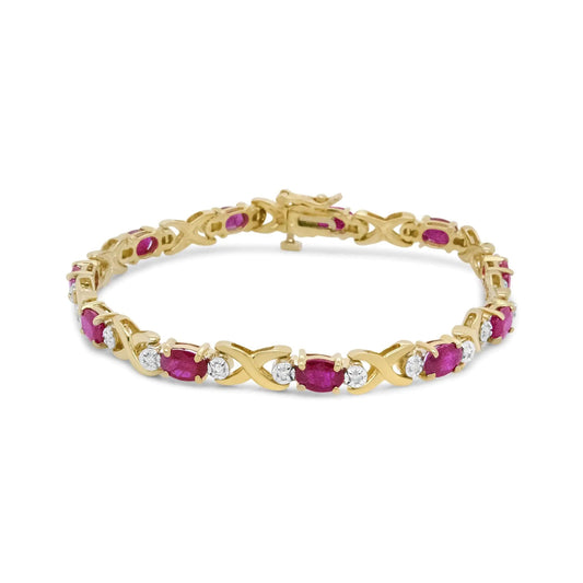 14K Yellow Gold 1/4 Cttw Diamond and Oval Red Ruby Alternating X Link Bracelet (I-J Color, I3 Clarity) WEM Support (www.WEM.support)