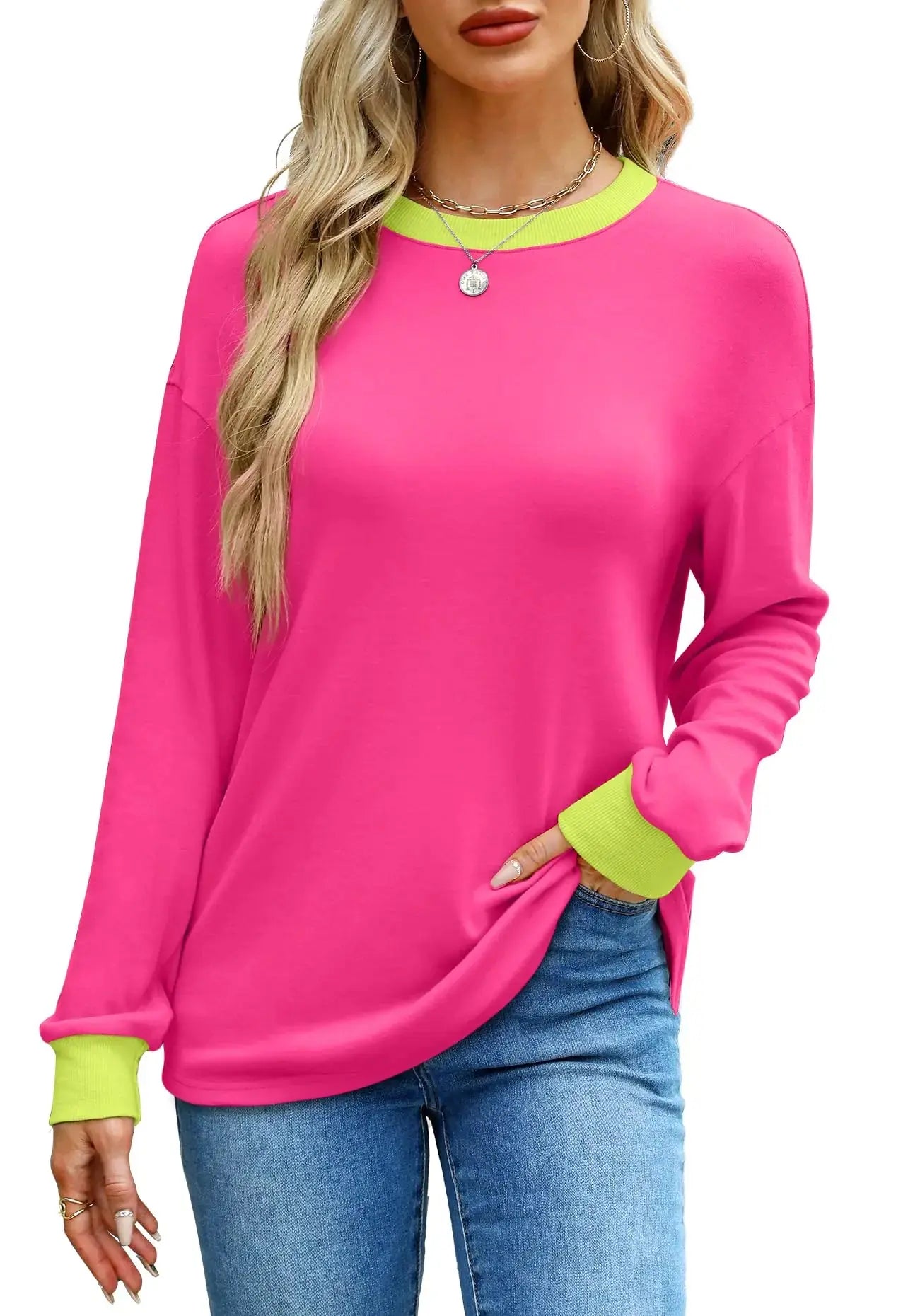 WIHOLL Womens Tunic Tops Long Sleeve Striped Shirts Crewneck Tops Plain Hot Pink X-Large My Store