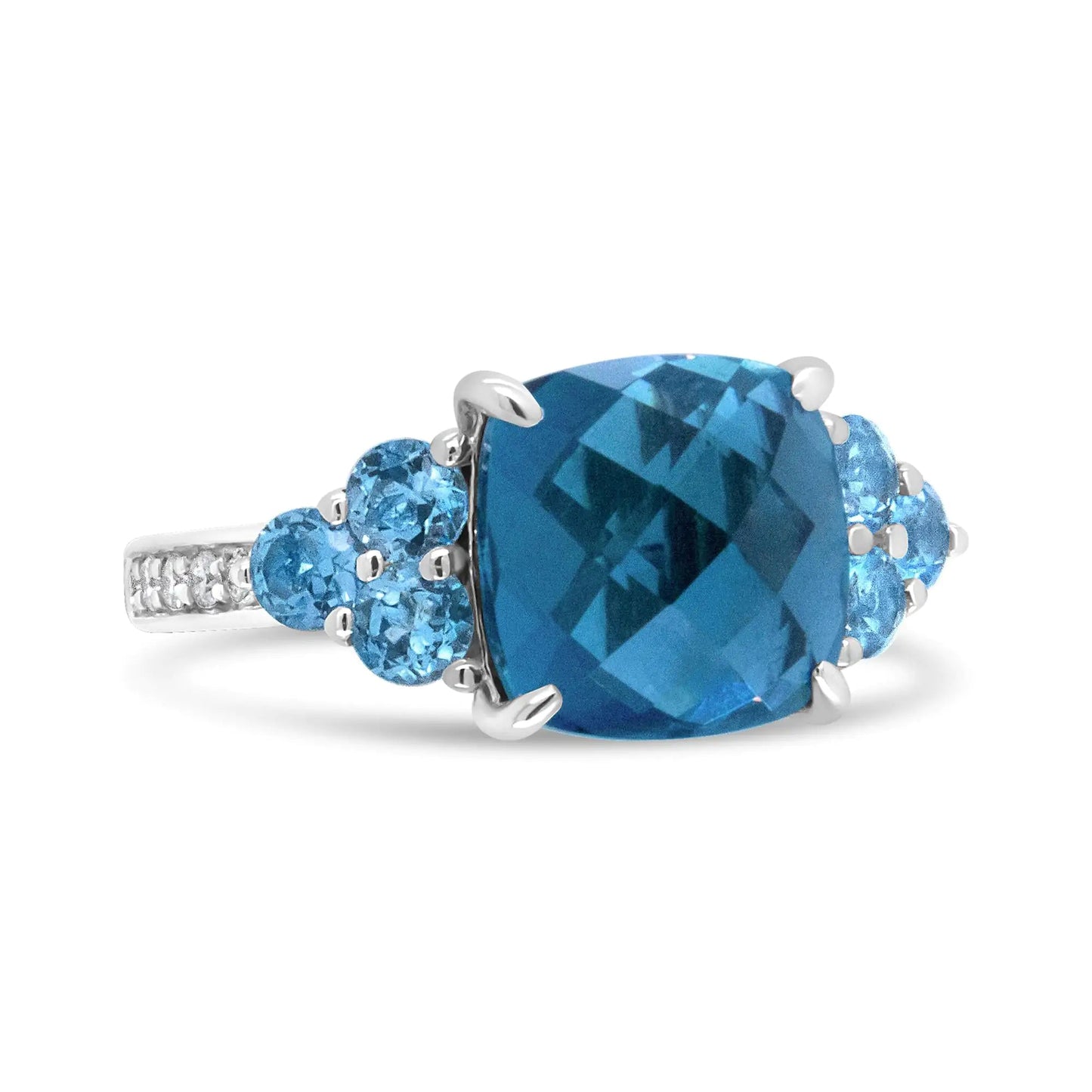 18K White Gold 10mm Cushion Shaped Blue Topaz and 1/6 Cttw Diamond 3 Stone Style Ring (F-G Color, VS1-VS2 Clarity) WEM Support (www.WEM.support)