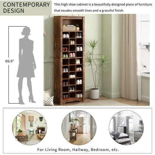Stylish Design 30 Shoe Cabinet Console, Modern Shoe Cabinet, Multiple Storage Capacity, Self-standing High Cabinet, Suitable For Hallway, Bedroom, Rustic Brown WEM Support (www.WEM.support)
