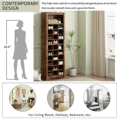 Stylish Design 30 Shoe Cabinet Console, Modern Shoe Cabinet, Multiple Storage Capacity, Self-standing High Cabinet, Suitable For Hallway, Bedroom, Rustic Brown WEM Support (www.WEM.support)