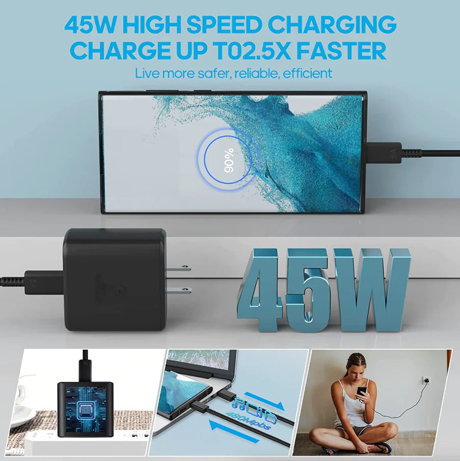 45W USB-C Super Fast Wall Charger 10FT Cable For Samsung Galaxy S20 S21 S22 S23 WEM Support (www.WEM.support)
