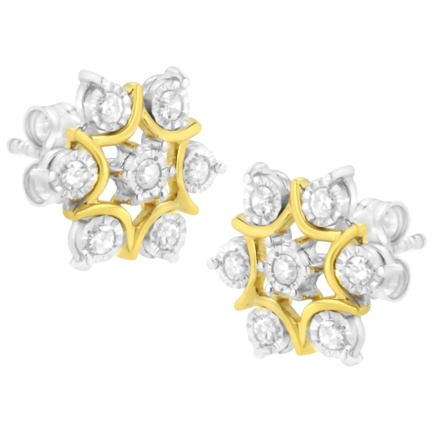 10K Yellow Gold Plated .925 Sterling Silver 1/4 Cttw Miracle Set Round-Cut Diamond Floral Earring (I-J Color, I2-I3 Clarity) WEM Support (www.WEM.support)