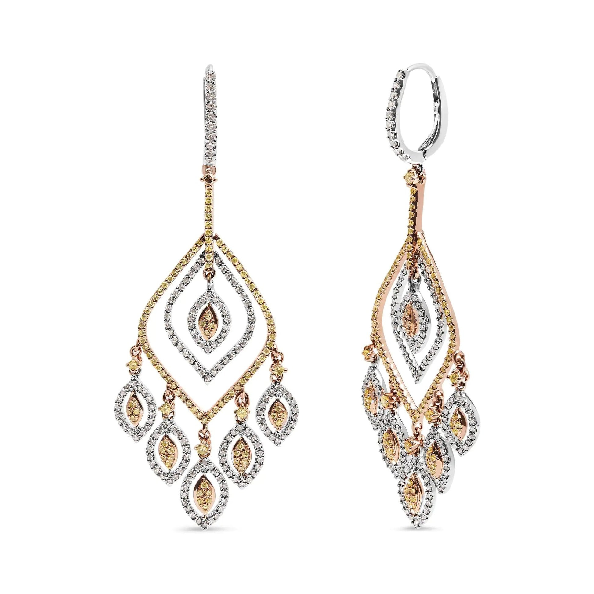 14K White and Rose Gold 2 1/2 Cttw Diamond Curved Rhombus Shape Drop and Chandelier Style Dangle Earring (J-K Color, I2-I3 Clarity) WEM Support (www.WEM.support)