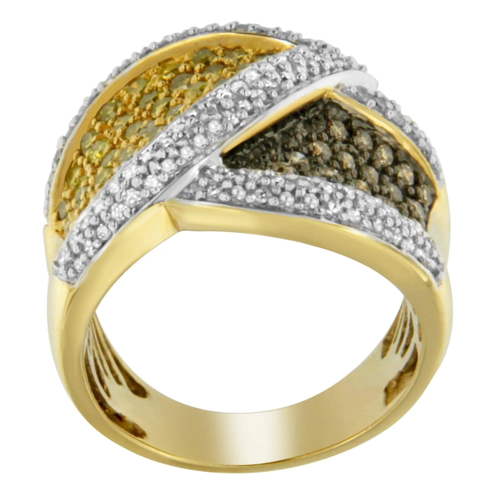 14K Yellow Gold Yellow, White, and Champagne Round-Cut Diamond Cross-over Ring (1 1/2 cttw, H-I Color, I1-I2 Clarity) WEM Support (www.WEM.support)