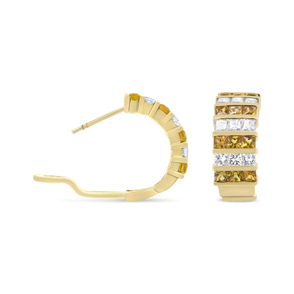 18K Yellow Gold 1 3/4 Cttw Invisible Set Princess Cut Diamond and 2.5mm Yellow Sapphire Huggie Hoop Earrings (F-G Color, VS1-VS2 Clarity) WEM Support (www.WEM.support)