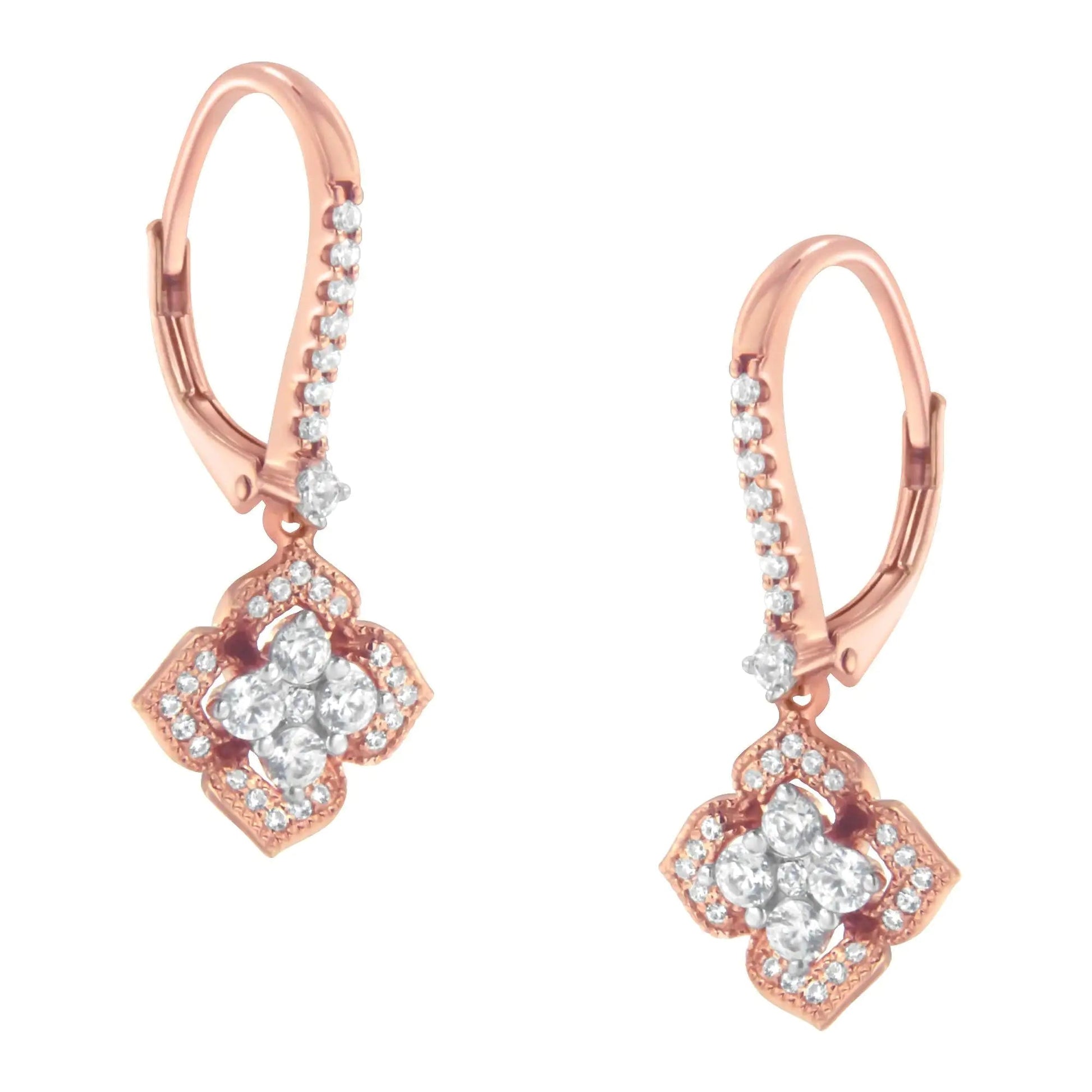 10K Rose Gold 3/4 Cttw Diamond Flower Drop Dangle Earring (I-J Color, I1-I2 Clarity) WEM Support (www.WEM.support)