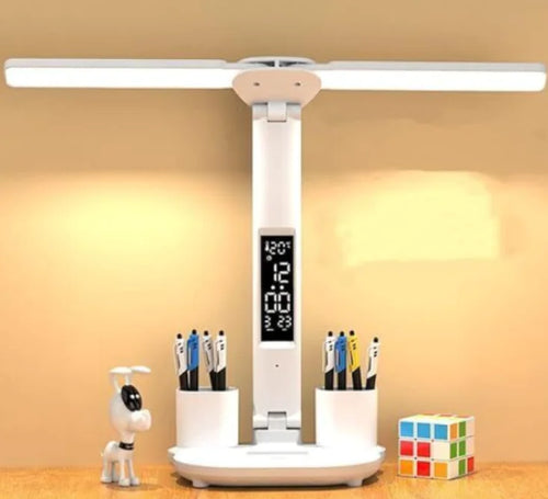Modern white reading lamp with touch control, digital display, and USB charging feature, placed on a desk alongside a toy robot and a colorful block.