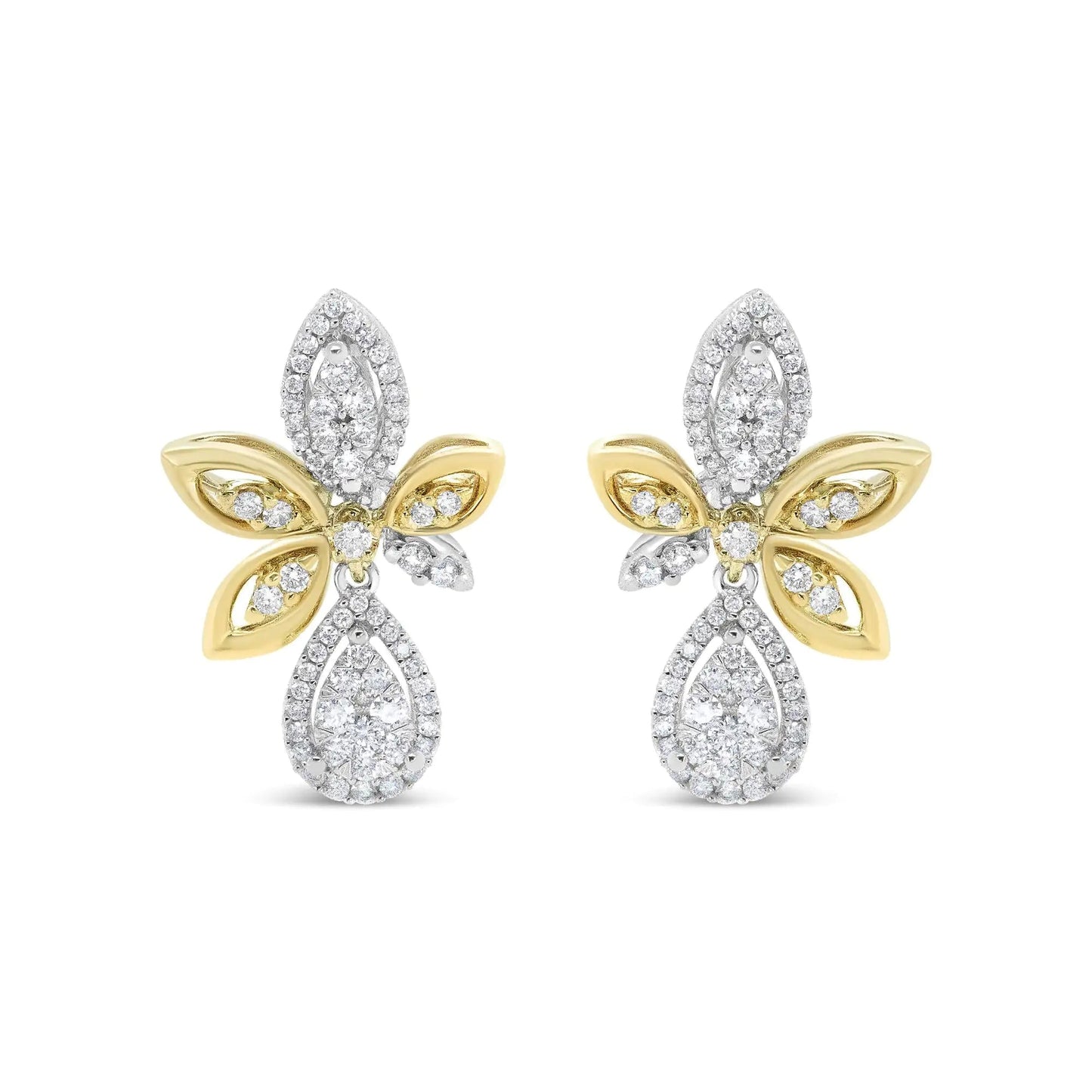14K White and Yellow Gold 1.00 Cttw Round Pave-Set Diamond Teardrop and Marquise Shape Drop Dangle Earrings (H-I Color, SI1-SI2 Clarity) WEM Support (www.WEM.support)