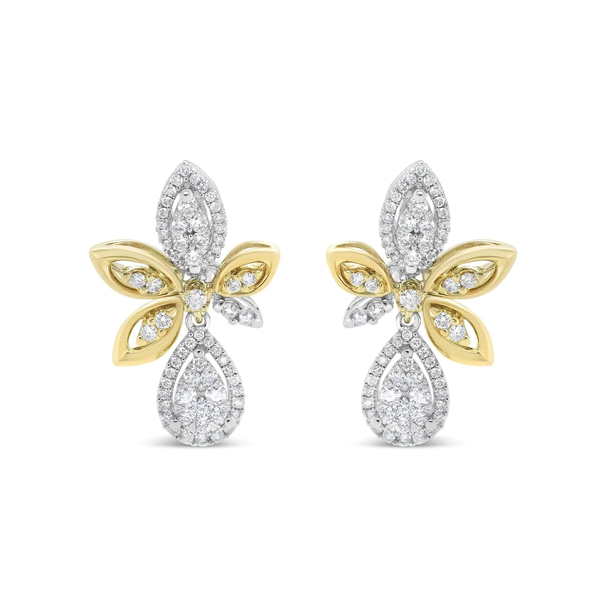 14K White and Yellow Gold 1.00 Cttw Round Pave-Set Diamond Teardrop and Marquise Shape Drop Dangle Earrings (H-I Color, SI1-SI2 Clarity) WEM Support (www.WEM.support)