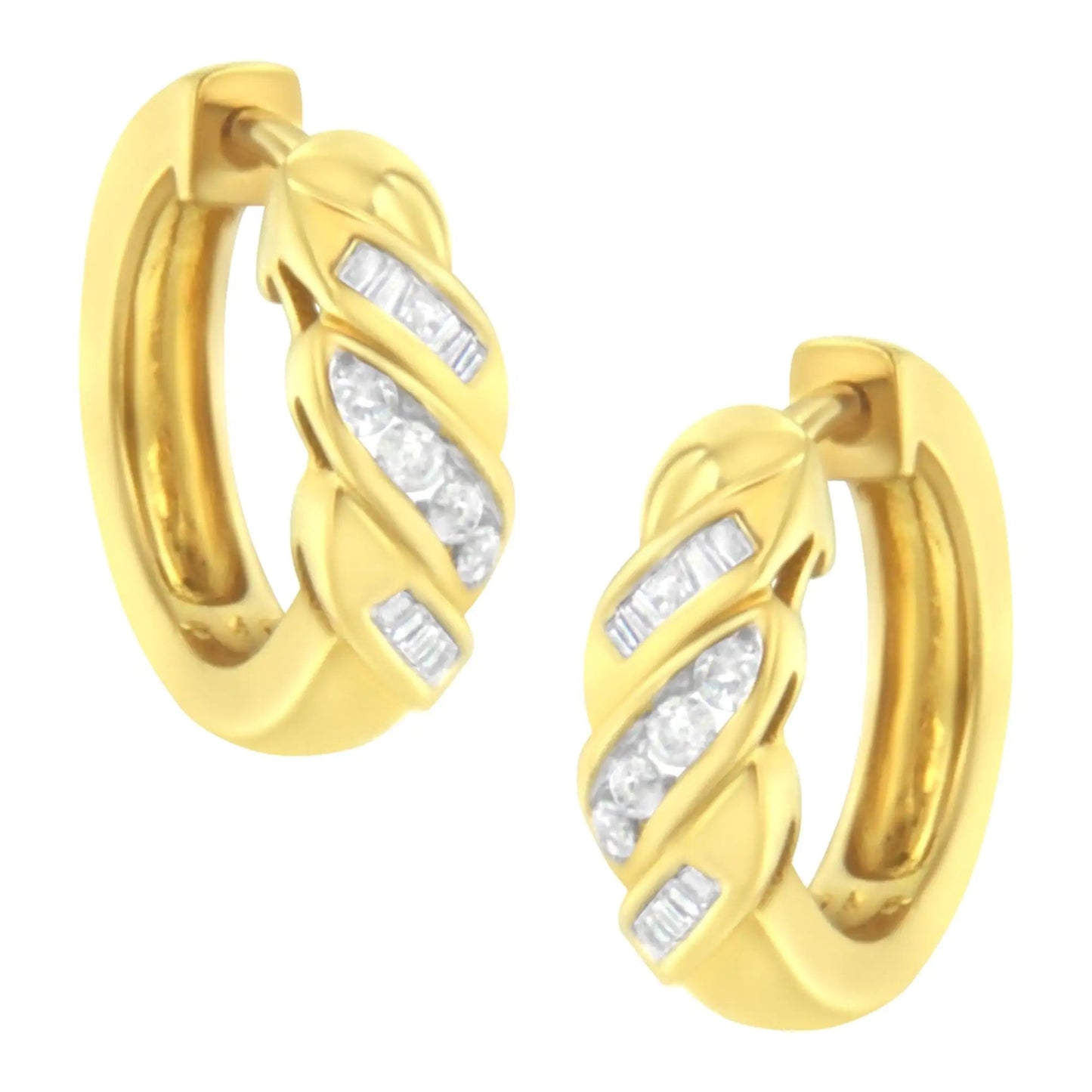 14K Yellow Gold 1/4 ct TDW Alternating 3 Row Baguette & Round Brilliant-Cut Diamond Huggy Hoop Earrings (H-I, I2-I3) WEM Support (www.WEM.support)