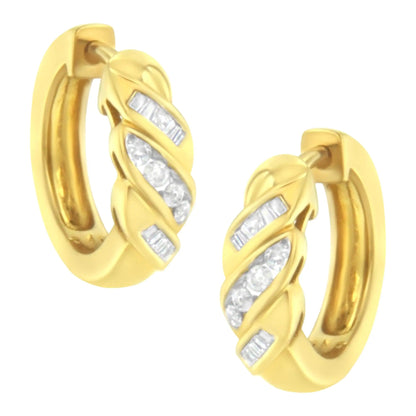 14K Yellow Gold 1/4 ct TDW Alternating 3 Row Baguette & Round Brilliant-Cut Diamond Huggy Hoop Earrings (H-I, I2-I3) WEM Support (www.WEM.support)
