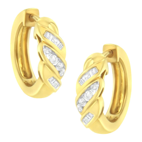 14K Yellow Gold 1/4 ct TDW Alternating 3 Row Baguette & Round Brilliant-Cut Diamond Huggy Hoop Earrings (H-I, I2-I3) WEM Support (www.WEM.support)