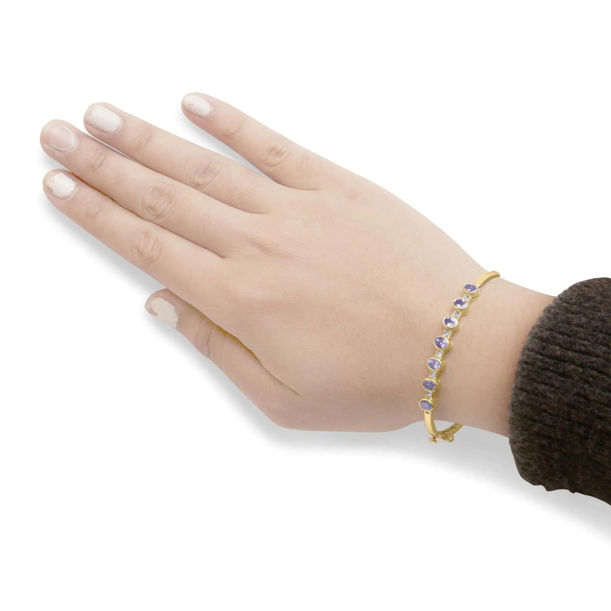 14K Yellow Gold Alternating Bezel Set 5MM Oval Shaped Tanzanite and 1/5 Cttw Diamond Bangle Bracelet (H-I Color, VS2-SI1 Clarity) - Fit's wrists up to 7.25" Inches WEM Support (www.WEM.support)