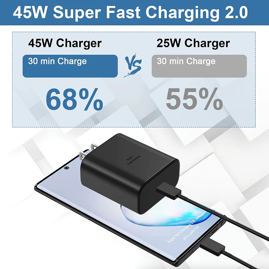 45W USB-C Super Fast Wall Charger 10FT Cable For Samsung Galaxy S20 S21 S22 S23 WEM Support (www.WEM.support)