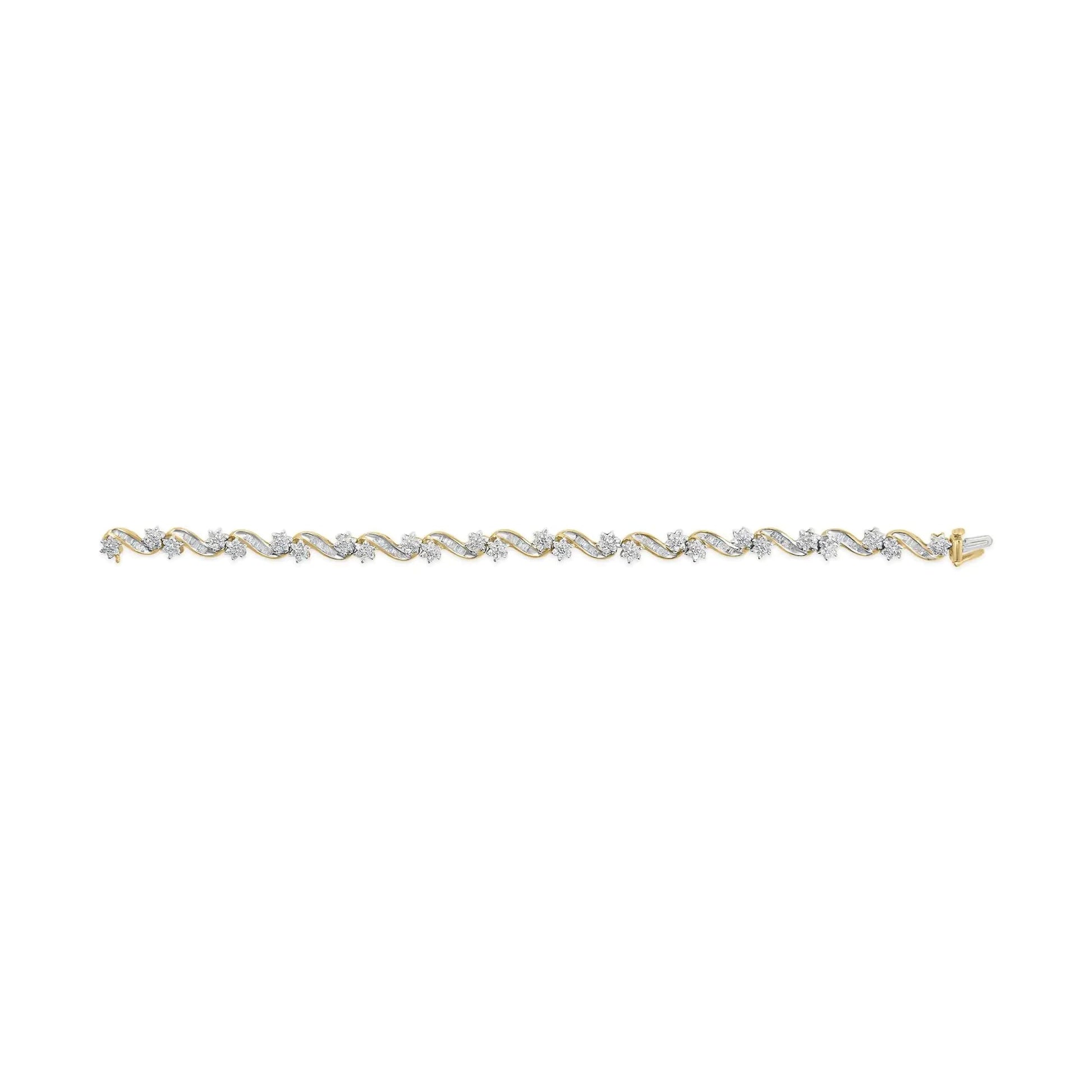 10k Yellow Gold 3.00 Cttw Round-Cut and Baguette-Cut Floral Link 7.25" Bracelet (I-J Color, I1-I2 Clarity) WEM Support (www.WEM.support)