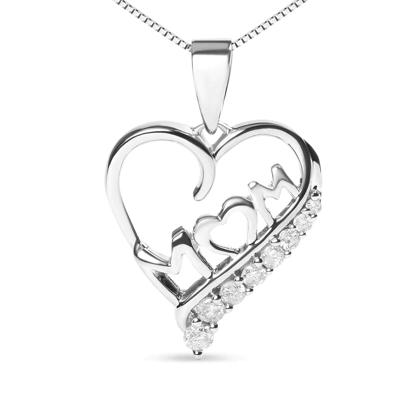 .925 Sterling Silver 1/4 Cttw Diamond  "Mom" and Open Heart 18" Pendant Necklace (I-J Color, I2-I3 Clarity) WEM Support (www.WEM.support)