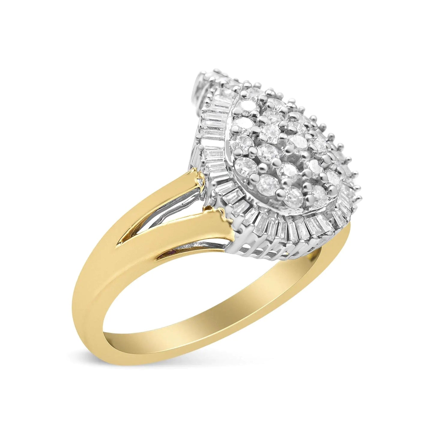 14K Yellow and White Gold 1.00 Cttw Round and Baguette-Cut Diamond Ballerina Cocktail Ring (H-I Color, SI2-I1 Clarity) WEM Support (www.WEM.support)